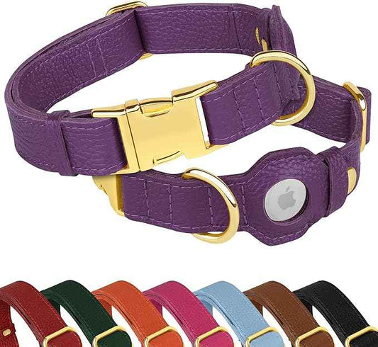 Leather Airtag Dog Collar - Soft Tracking Dog Collar with Apple AirTag Holder and Metal Buckle - Safety GPS Pet Collars for Small Medium Large Dogs Puppy Pink Red (Purple, L, 17"-21" Neck Fit)