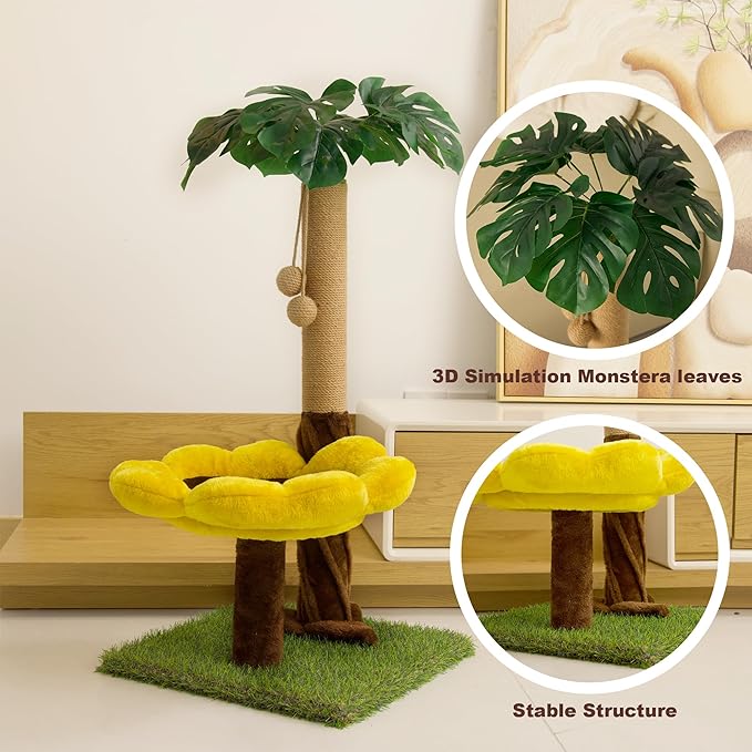 33.86" Tall Cat Scratching Posts Cat Scratcher with Premium Sisal Rope, Sunflower Cat Platform and Danging Balls,Cat Scratcher Suitable for Large Adult cat, Kitten, and All Type of Cats