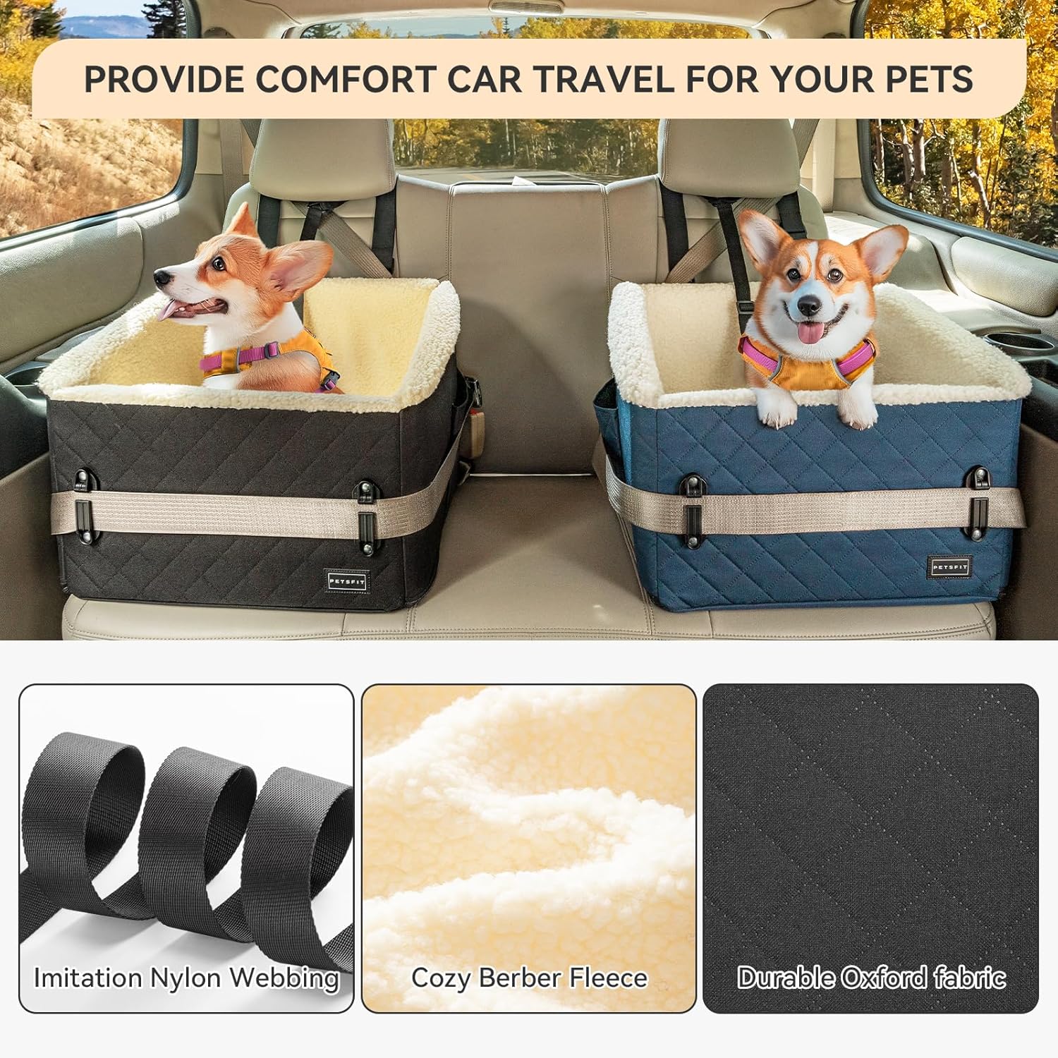 PETSFIT Dog Car Seats for Small Dogs, Soft Foam Dog Booster Seat with Patented Safety Buckles, Storage Pockets and Detachable Clip-On Safety Leash, Dog Car Seat for Medium Dogs 30 LBS (Black) - Pet Explorer