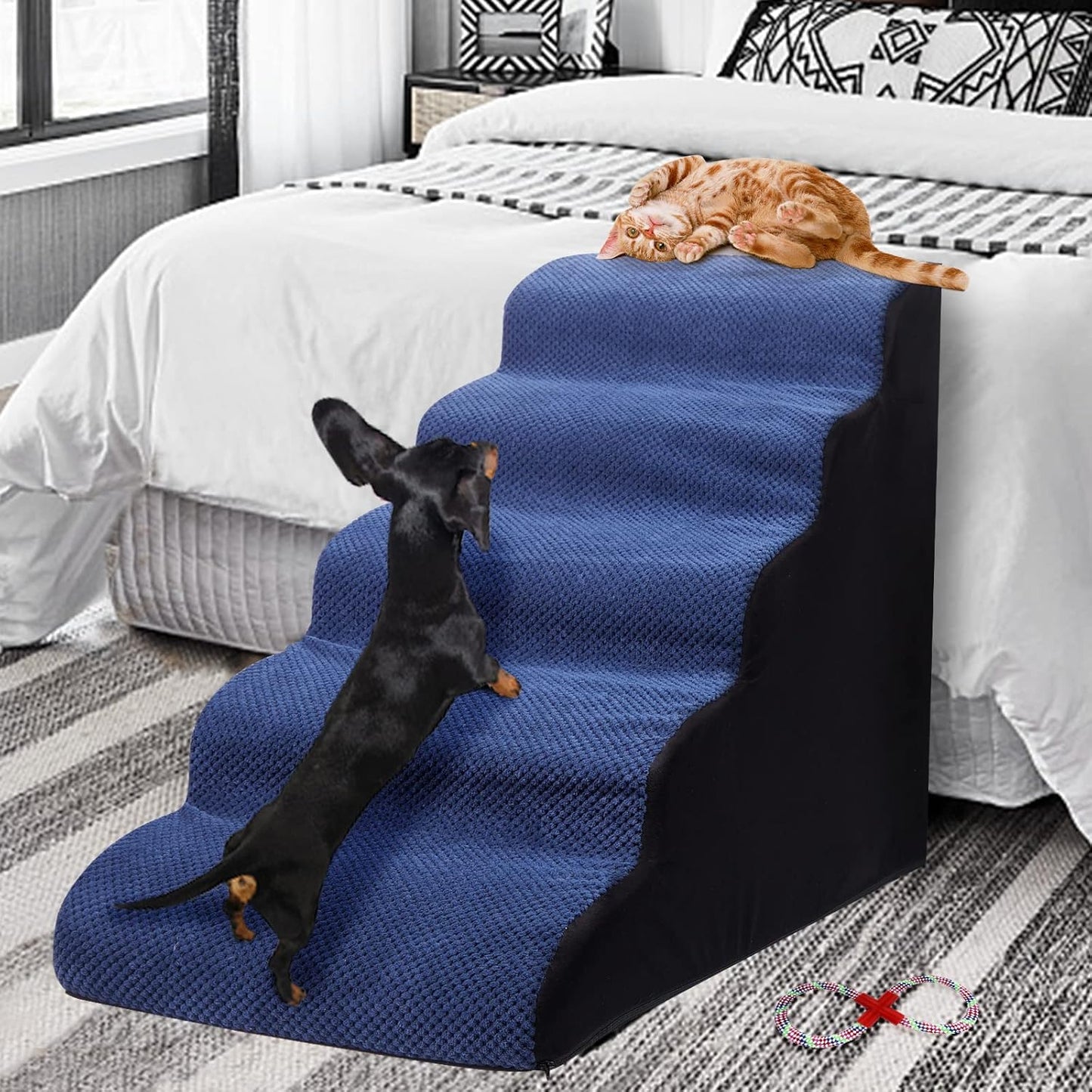 Dog Steps&Stairs for High Beds 24.4 inches High Up to 24-28 inches Bed, Tall Extra Wide Pet Stairs/Steps for High Bedsides,Non-Slip Dog Ramps for Small Older Dogs/Cats(Blue) - Pet Explorer