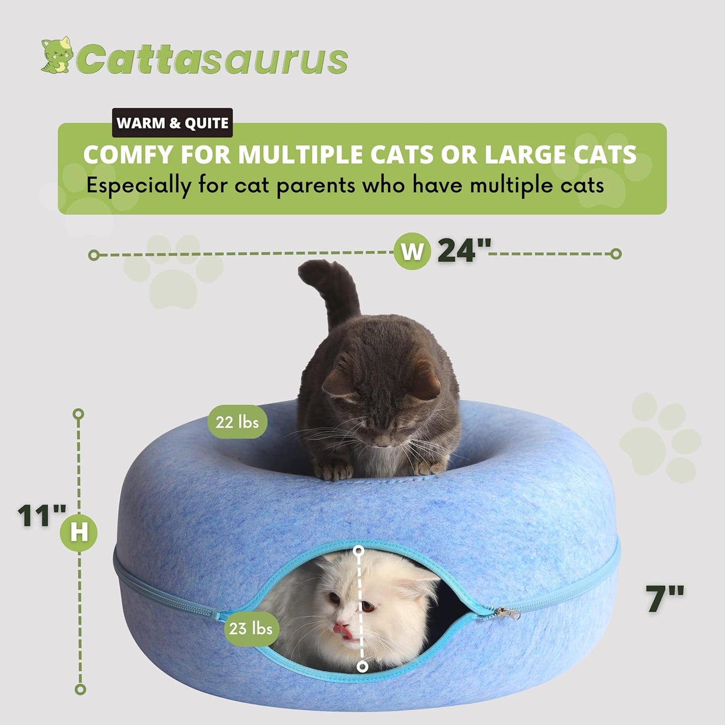 CATTASAURUS Peekaboo Cat Cave for Multiple & Large Cats Up to 30-45 Lbs, Scratch Detachable & Washable Tunnel Bed, Comfy Donut Cat Cave (Blue, Large) - Pet Explorer