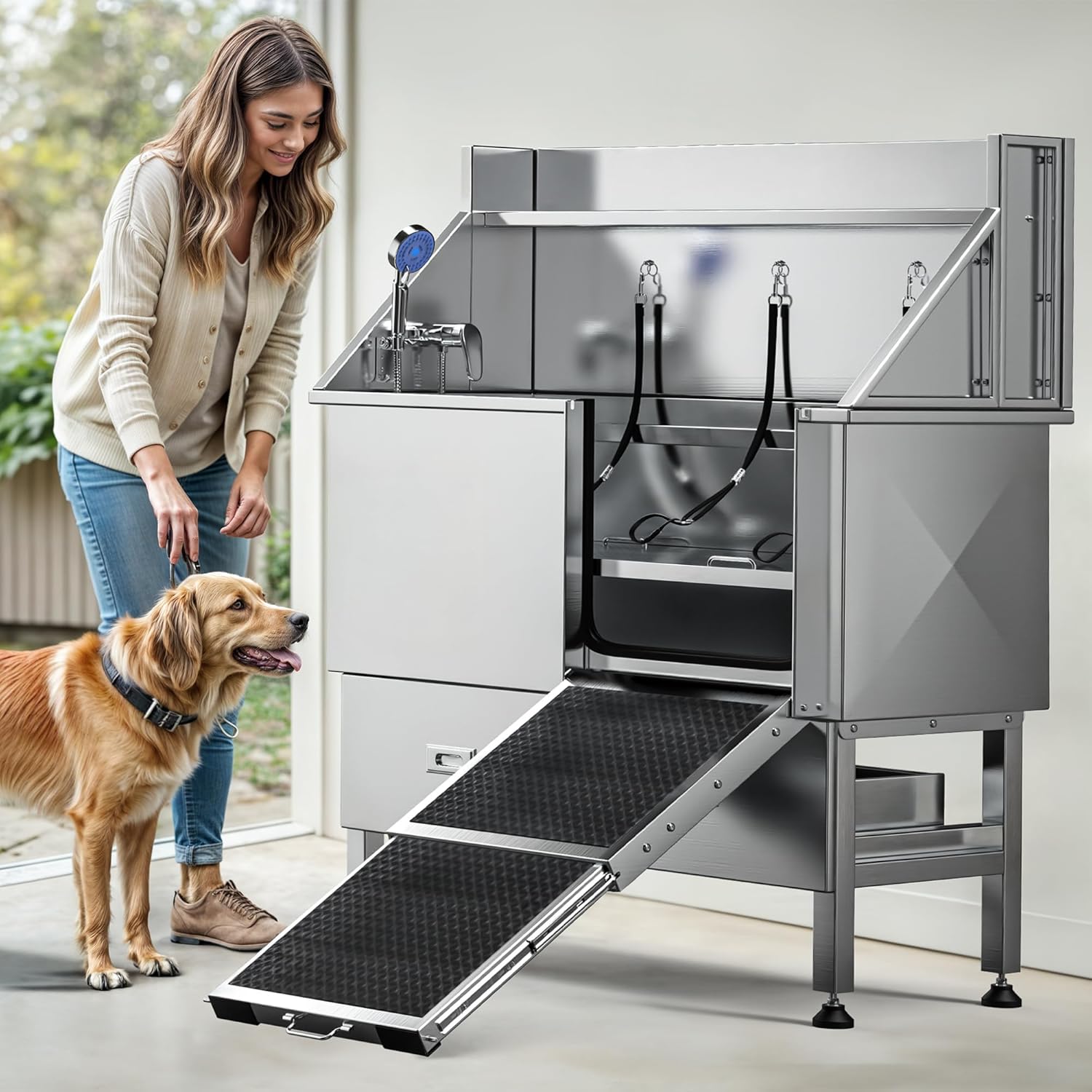 DWVO Professional Dog Bathing Station Stainless Steel 304 Dog Bathtub 50in for Grooming w/Left Door Ramp, 2 Storage Drawers, Faucet, Grate, Pet Washing Station for Large, Medium, Small Pets - Pet Explorer