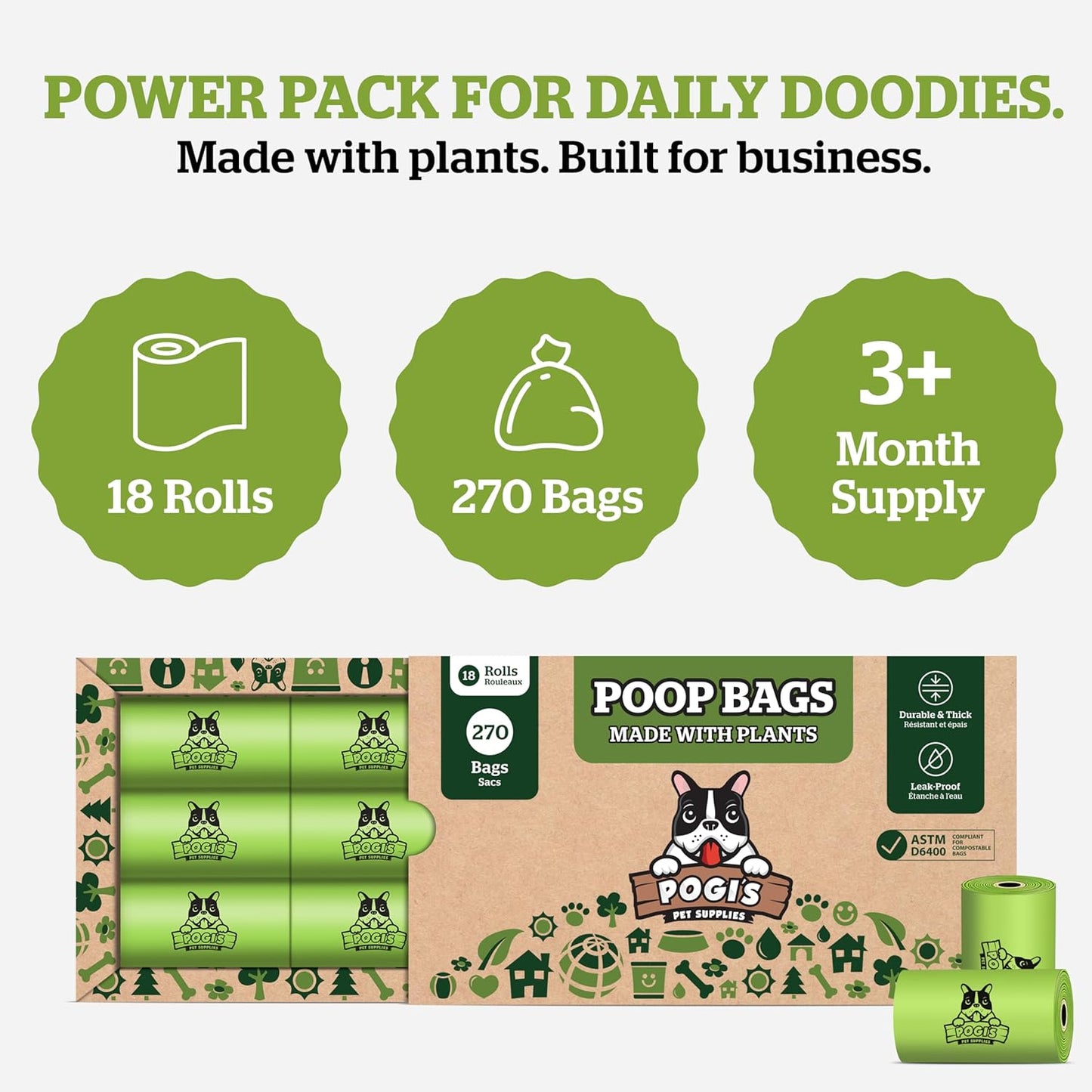 Pogi's Compostable Poop Bags – Leak-Proof, Extra-Large, Made with Plants – 18 Rolls (270 Bags) - Pet Explorer