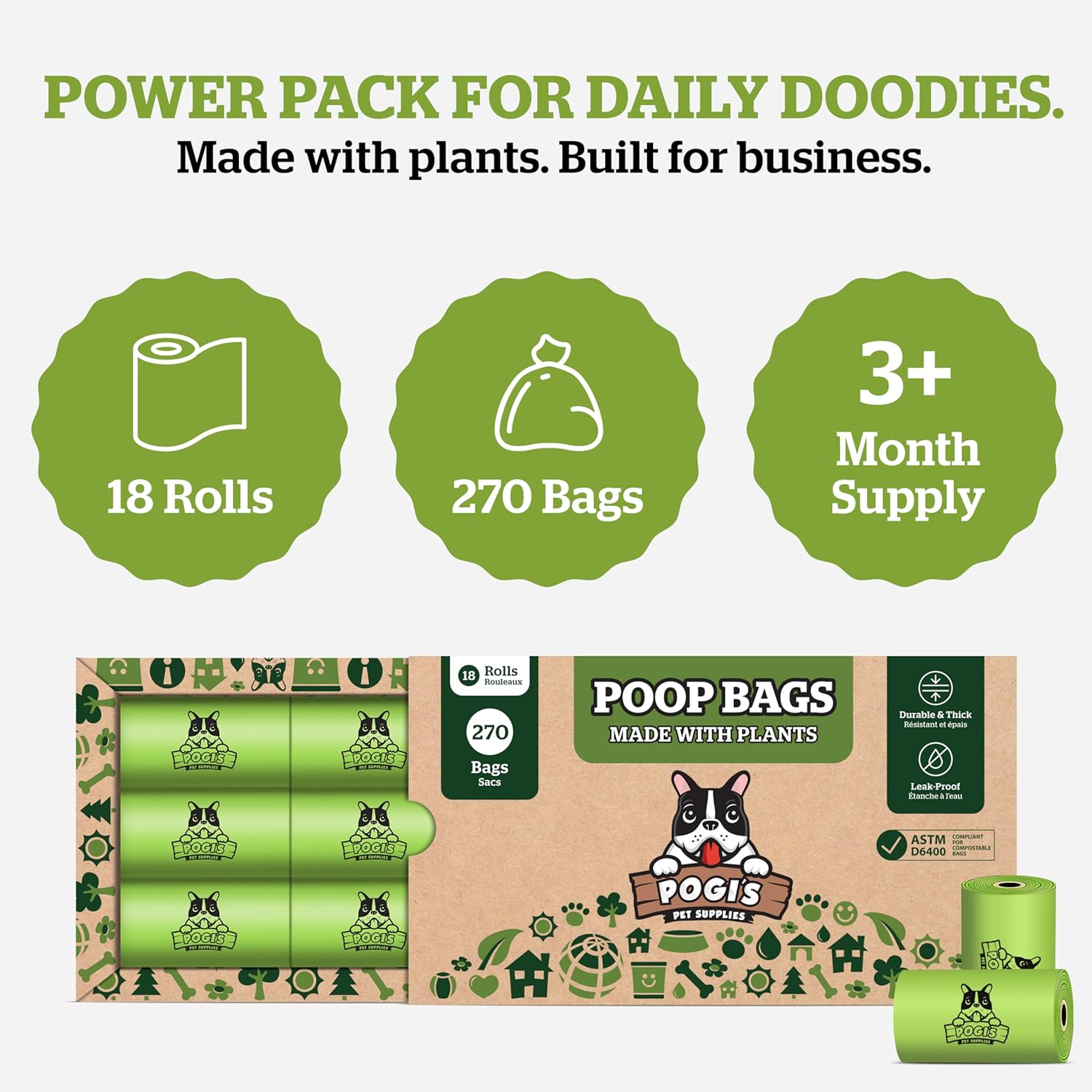 Pogi's Compostable Poop Bags – Leak-Proof, Extra-Large, Made with Plants – 18 Rolls (270 Bags) - Pet Explorer