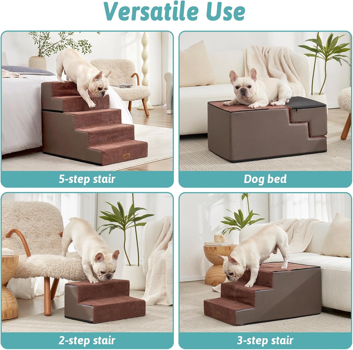 Dog Stairs for Small Dogs, 5 Tier Removable Wider Pet Stairs for Couch and Bed, 23.6" H Non-Slip Dog Steps for Puppies and Old Cats with Support Board, 29.5x19.7x23.6 inch, Brown - Pet Explorer