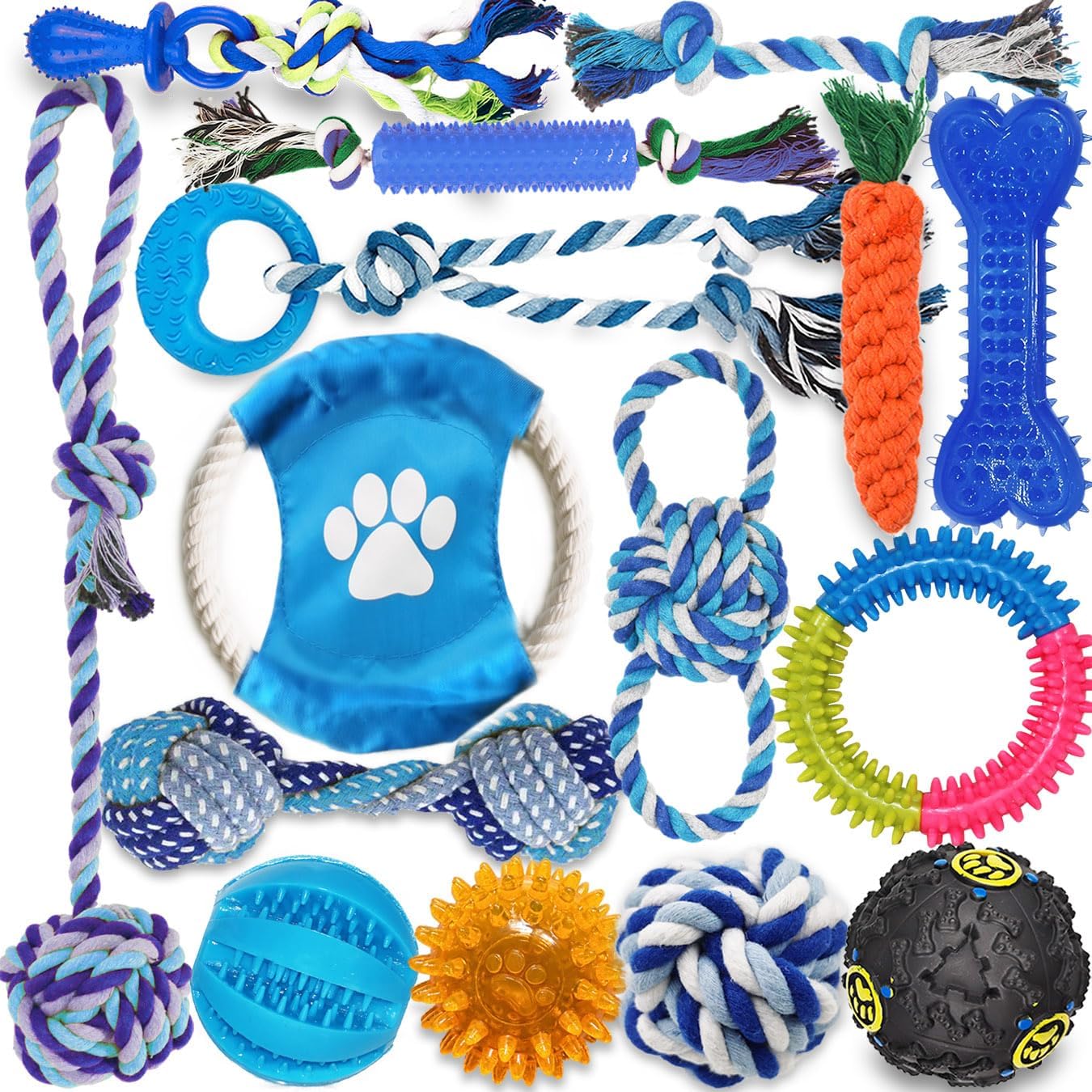 Dog Toys 15 Pack for Teeth Cleaning and Fun, Puppy Teething Chew Toys Interactive Rope Squeaky Treat Balls & Rubber Tous Bulk– Variety Dog Gifts Set Reduce Anxiety & Save Furniture - Pet Explorer