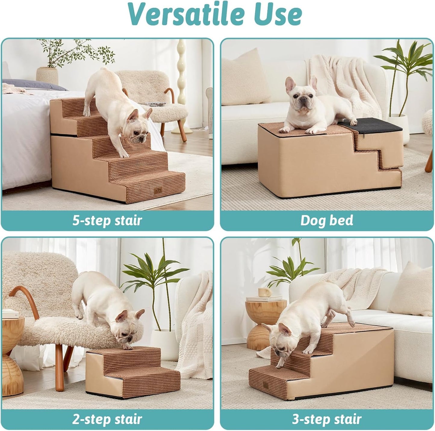Dog Stairs for Small Dogs, 5 Tier Removable Wider Pet Stairs for Couch and Bed, 23.6" H Non-Slip Dog Steps for Puppies and Old Cats with Support Board, 29.5x19.7x23.6 inch, Light Brown - Pet Explorer