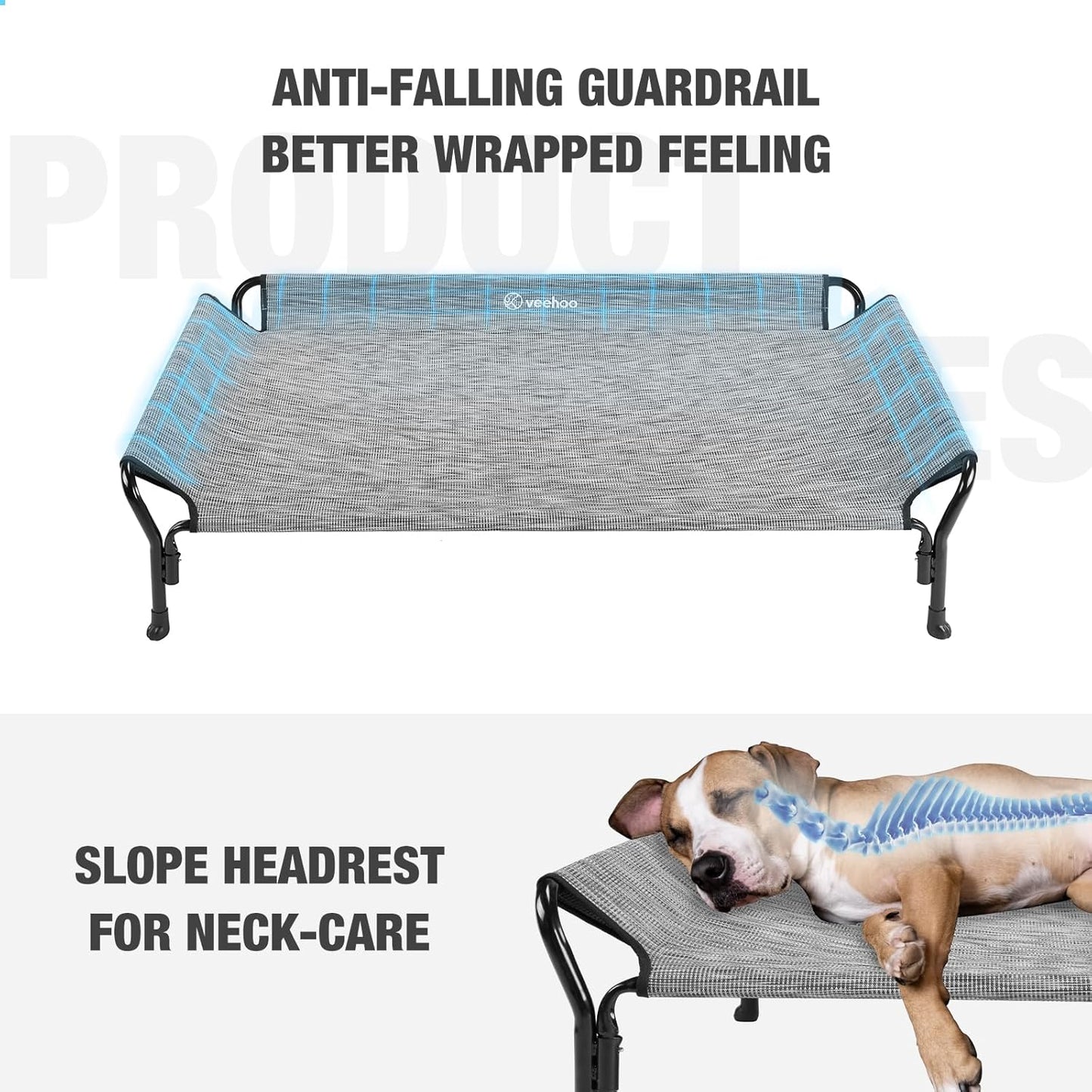 Veehoo Cooling Elevated Dog Bed, XL Raised Pet Cot with Guardrail & Slope Headrest, Durable Breathable Teslin Mesh, Non-Slip Feet, Washable Dog Couch Bed for Indoor & Outdoor, X Large, Black Silver - Pet Explorer