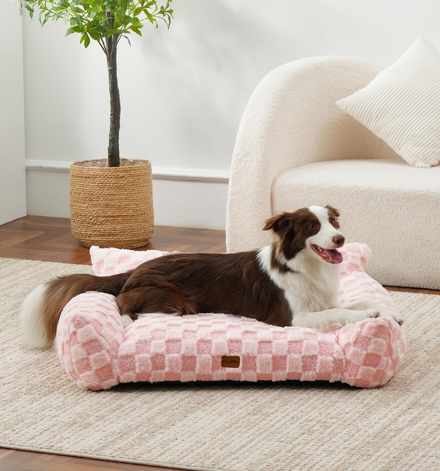 Made4Pets Dog Couch Bed, Soft Faux Fur Checkered Pet Sofa, Comfortable Fluffy Dog Sofa with Supportive Foam, Removable Washable Cover with Non-Slip Base, Pink, Large - Pet Explorer