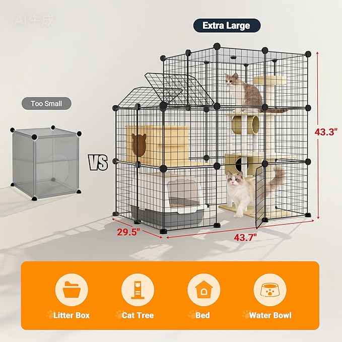 3-Tier DIY Indoor Cat Cage with Skylight, Accommodates Multiple Pets; Foldable Large Cat Cage Enclosure (with Litter Box Area); 43.7-Inch Metal Wire Cat Bed Habitat