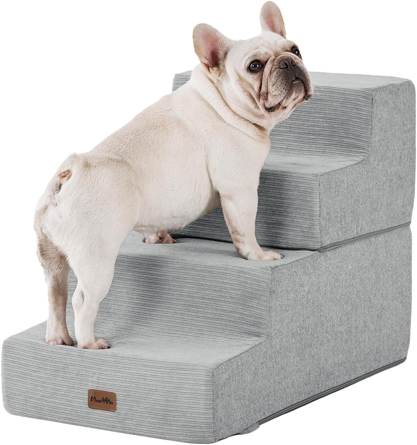 Made4Pets Dog Steps for Bed, Extra Wide Dog Stairs for High Bed Couch Sofa, 35D Foam Pet Steps for Small Dogs and Cats, Non-Slip Bottom Pet Stairs, Light Grey, 4 Steps - Pet Explorer