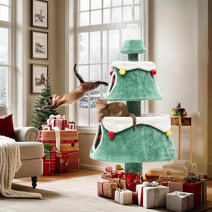 DWVO Christmas Cat Houses for Indoor Cats, Christmas Cat Tree Tower with 2 Cozy Houses, Kitty Furniture with Teaser Plaything for Christmas Decoration