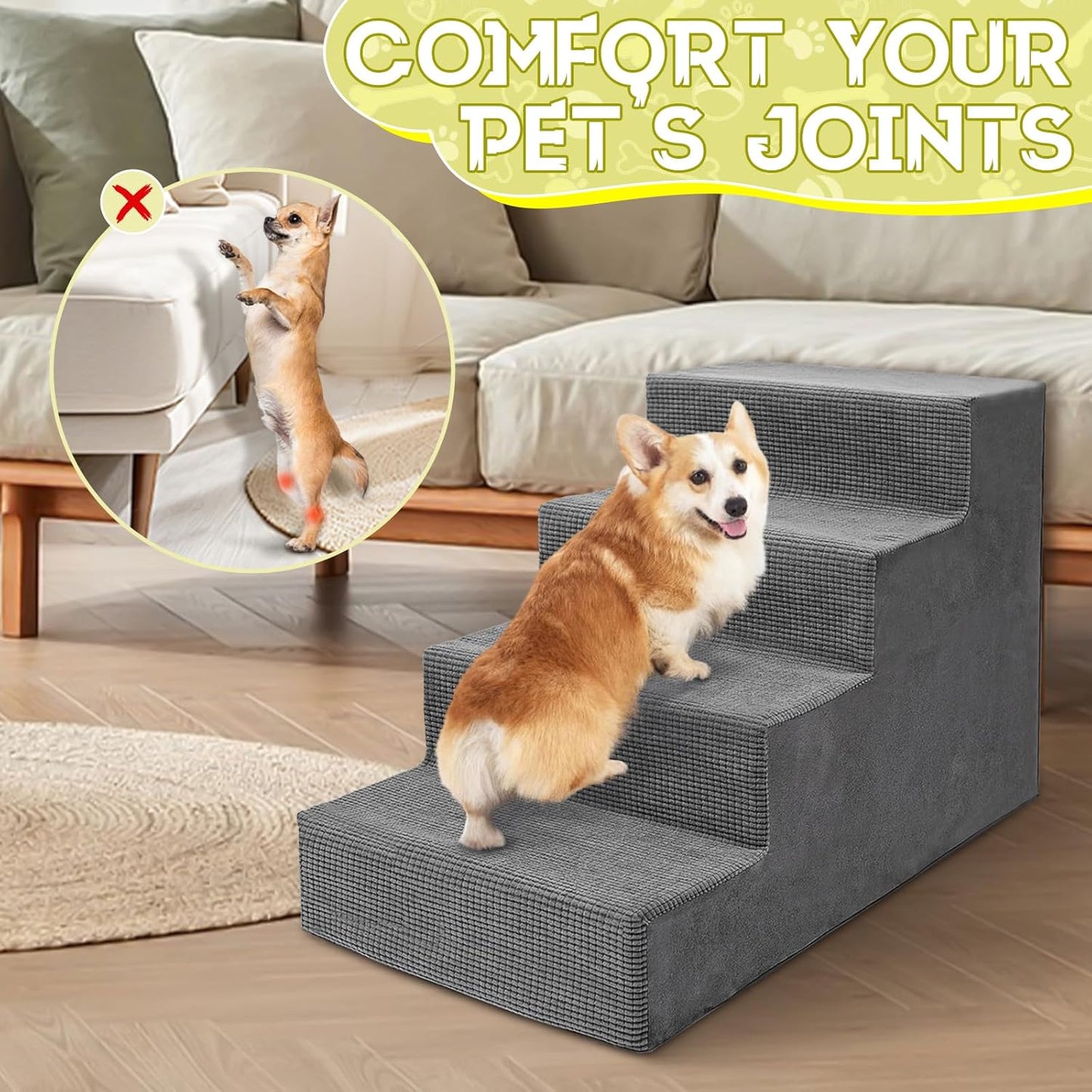 Niubya Dog Stairs for Small Dogs and Cats,18'H Non-Slip Bottom Pet Steps for High Beds and Couch,High-Density Foam Pet Stairs Grey,4 Steps - Pet Explorer