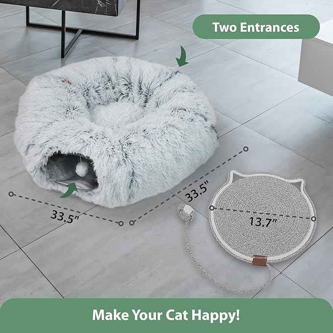 Cat Tunnel Donut Bed & Cat Scratch Pad, Interactive Cat Tunnels for Indoor Cats, Fits Multiple Cats Up to 15 lbs, Cozy and Durable Cat Hideaway Toy for Kittens, Puppies, Rabbits (Grey)