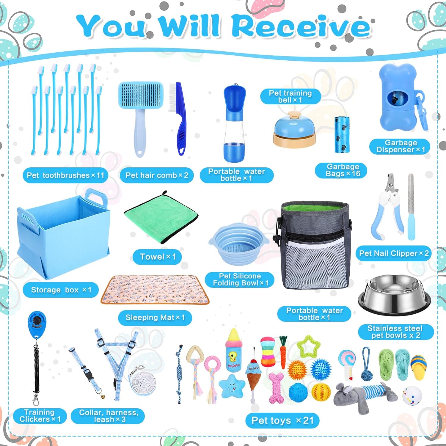 65 Pcs Puppy Supplies Starter Kit Small Dog Essentials Includes Dog Leash, Toys, Bowl, Brushes, Water Bottles, pet Blankets Puppy Accessories for New Welcome Gift Supplies(Cool,Blue) - Pet Explorer