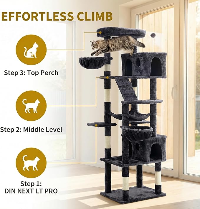 Large Cat Tree with Scratching Posts, Bed, Hammocks & Condos – Multi-Level Cat Tower for Playful Cats, 73" Modern Jungle Gym for Multiple Cats, Grey