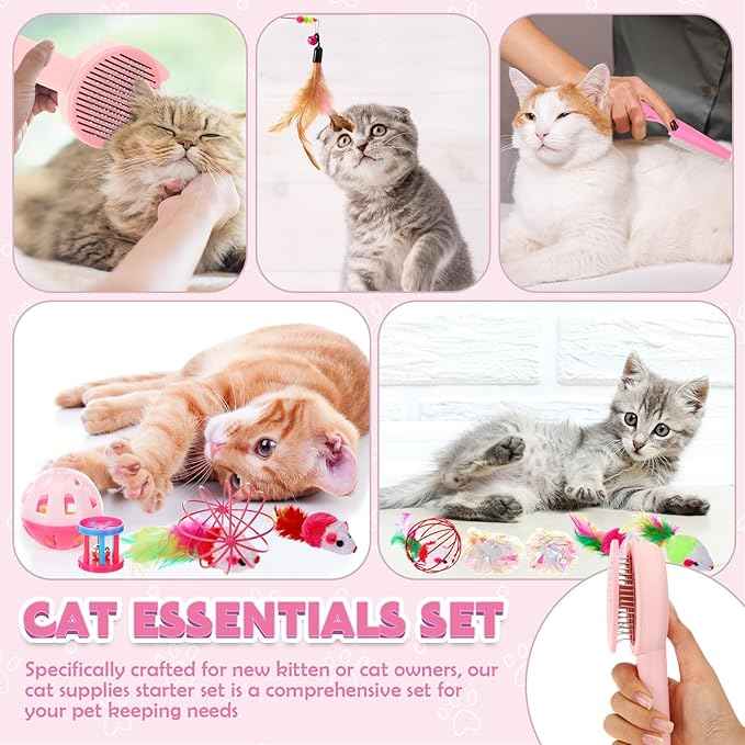 31 Pcs Kitten Supplies Starter Kit Kitten Essentials Starter Kit Include Stainless Steel Cats Litter Box Backpack Cat Scratcher Kitten Toys Accessories for Kitten Welcome Gift Supplies