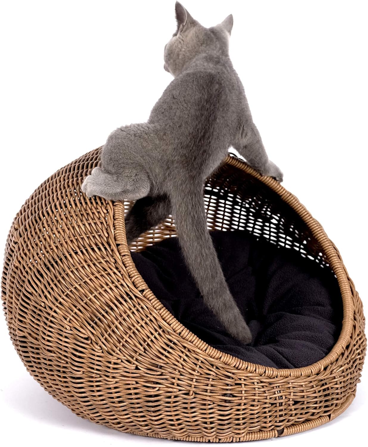 D+GARDEN Wicker Cat Bed Dome for Medium Indoor Cats - a Covered Cat Hideaway Hut of Faux Rattan Houses Pets in Dome Basket, Washable - Pet Explorer