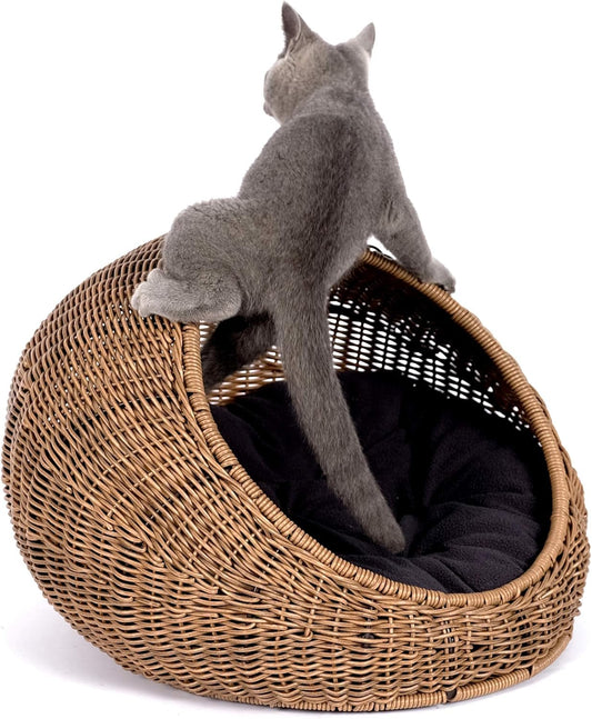 D+GARDEN Wicker Cat Bed Dome for Medium Indoor Cats - a Covered Cat Hideaway Hut of Faux Rattan Houses Pets in Dome Basket, Washable - Pet Explorer