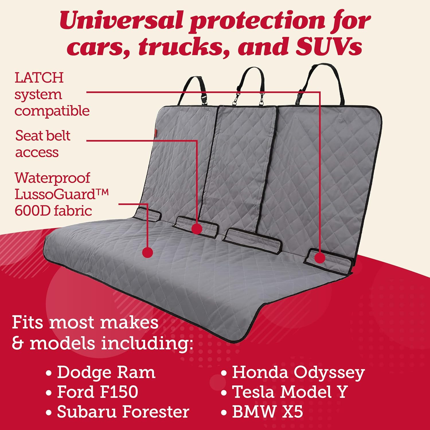 Lusso Gear Dog Car Seat Cover for Back Seat - 100% Waterproof - Full Protection from Mud, Scratches, Shedding - Non-Slip Cover Stays in Place, Fits Car, Truck, SUV (Gray) - Pet Explorer