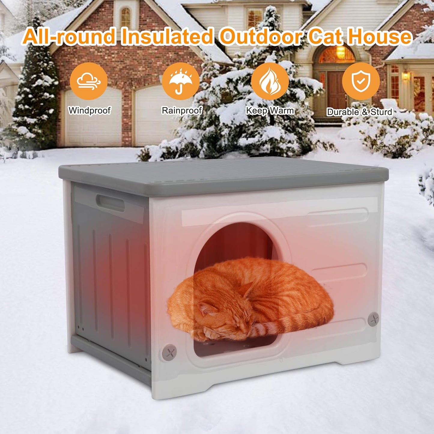 Rockever Plastic Outdoor Indoor Cat House with Insulated Liner, 100% Insulated Feral Cat House for Winter, Waterproof Cat Houses for Outdoor Cats, Spacious, Assemble Easily-Grey - Pet Explorer
