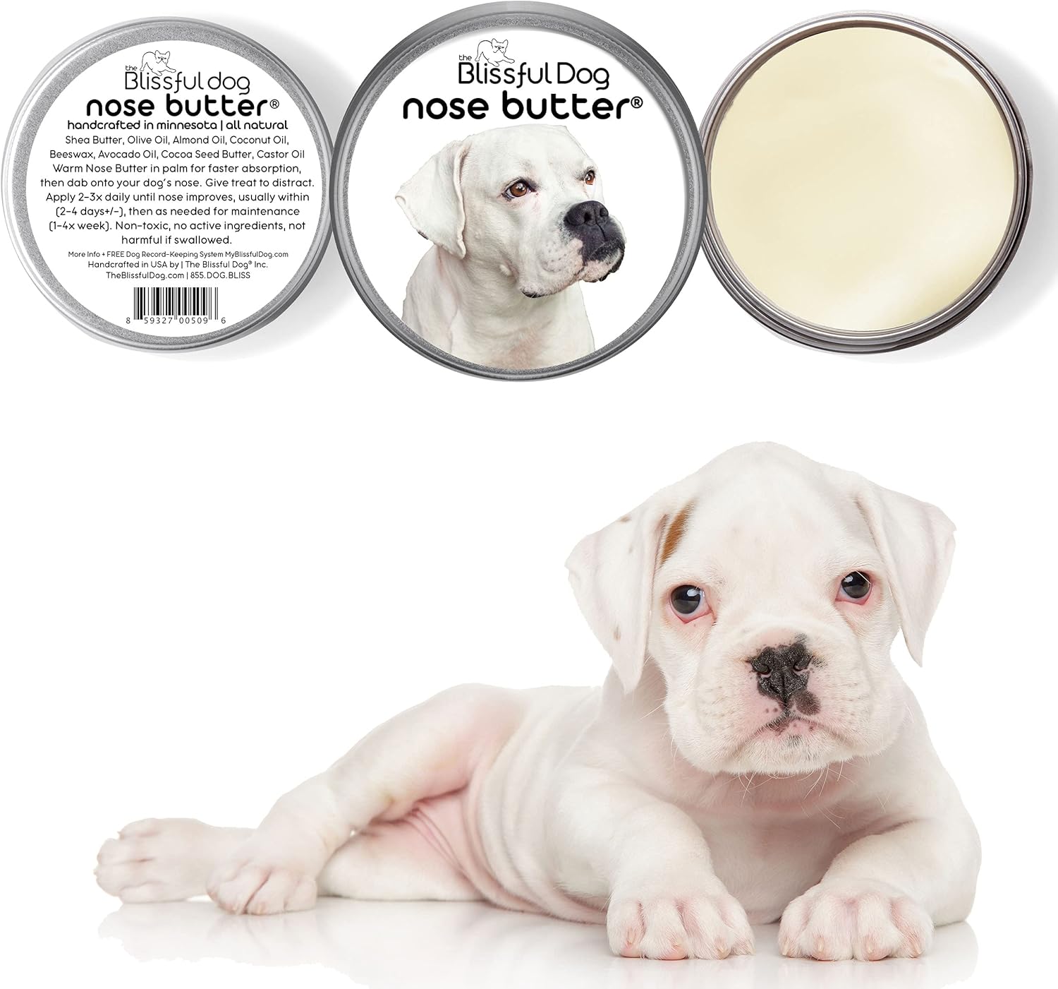 The Blissful Dog White Boxer Nose Butter for Dry, Cracked Skin, Lick-Safe Dog Nose Balm with Moisturizing Shea Butter, Almond, Olive, and Essential Oils, Pet Supplies, Uncented, 8 oz. - Pet Explorer