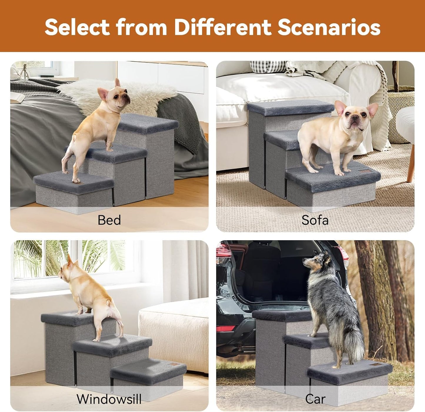 Dog Stairs with Furry Lids 18" H, 3-Step Wider Dog Steps with Storage for Small/Medium/Large Old Dogs Cats, Folding Sturdy Pet Stairs Climbing Bed Couch, Ramp for Car Hold Up to 200 lbs, Grey - Pet Explorer