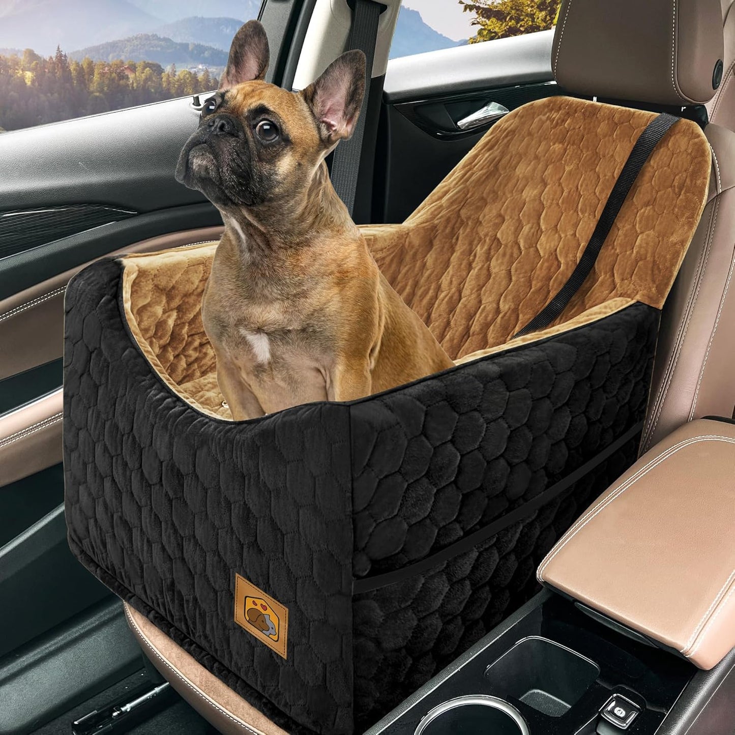 Dog Car Seat for Small/Medium Dogs, Memory Foam Dog Booster Seat, Travel Safety Per Car Seat with Washable Removable Cover, Storage Pockets for Dogs up to 35 lbs(BlackBrown) - Pet Explorer