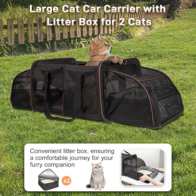 Portable Double Cat Carrier with Litter Box, Large Expandable Cat Carrier for 2 Cats, Soft Sided Pet Carriers for Car Travel, Pet Carrier with Safety Locking Zippers, Home & Outdoor Use, Black