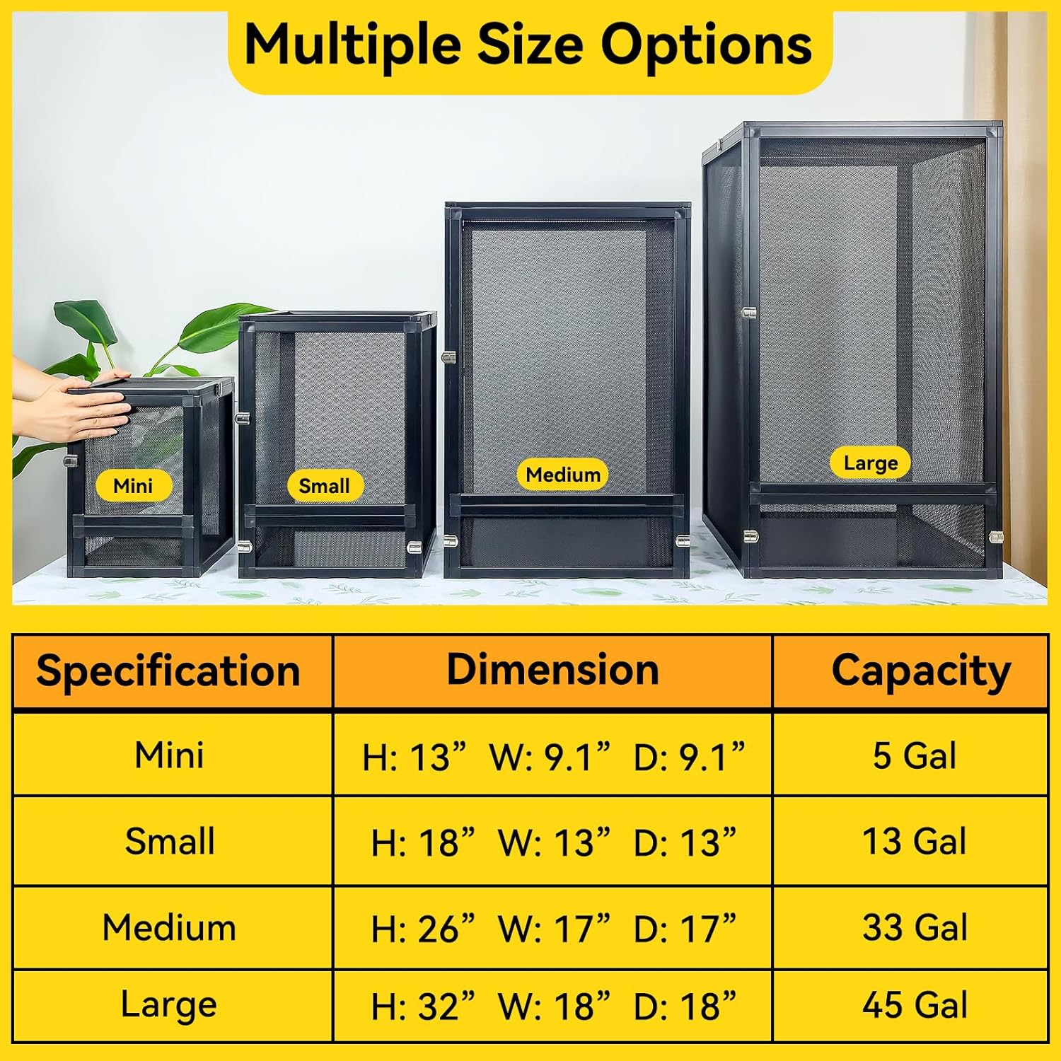 13 Gallon 360° Panoramic Foldable Reptile Terrarium Kit: Crested Gecko Tank and Reptile Cage for Superior Ventilation, Easy Feeding, Sturdiness, and Simple Assembly (Black, 18"x13"x13") - Pet Explorer