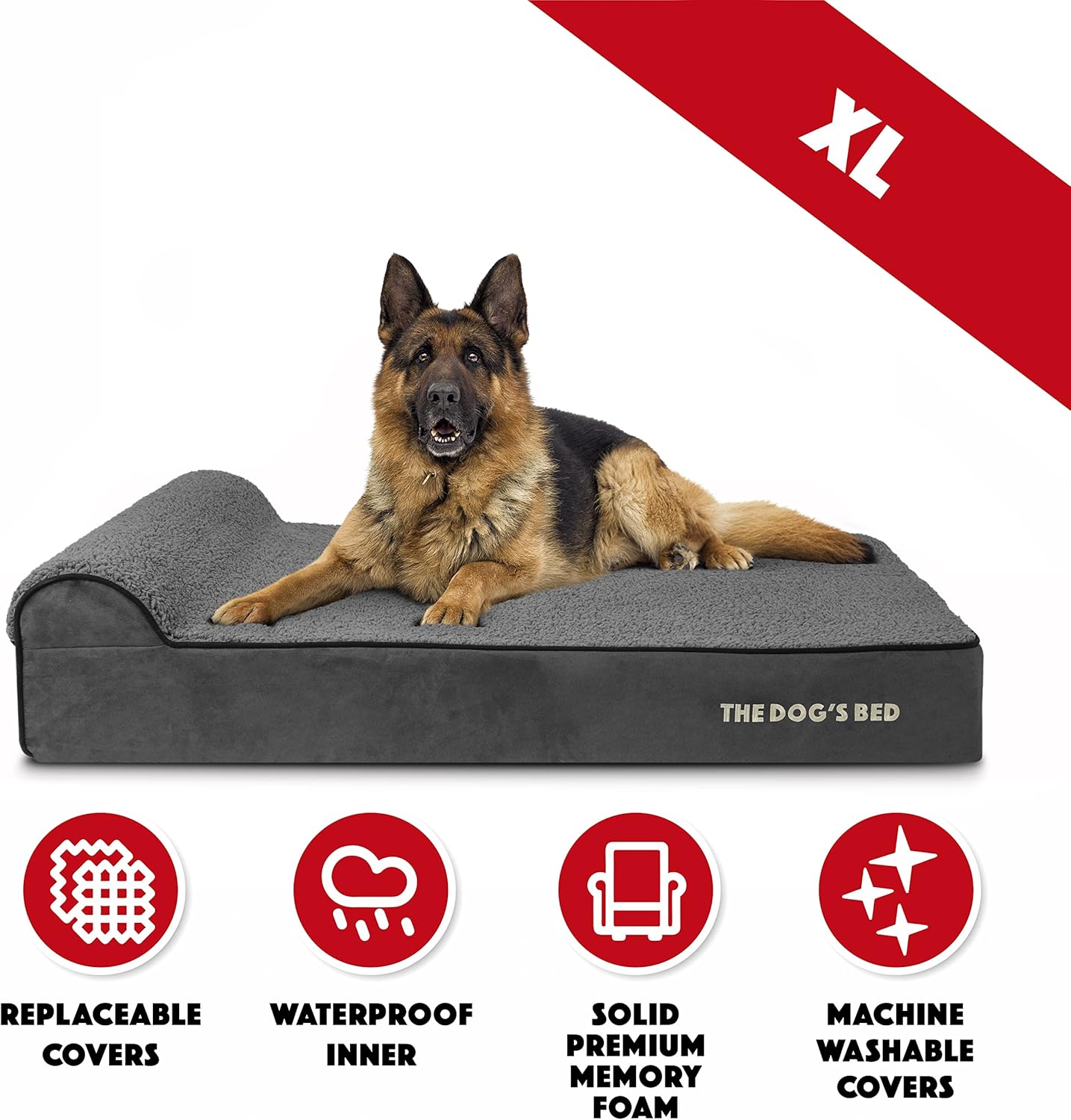 The Dog’s Bed Orthopedic Headrest Dog Bed XL Grey Plush 46x28, Memory Foam, Pain Relief for Arthritis, Hip & Elbow Dysplasia, Post Surgery, Lameness, Veterinary Approved, Waterproof Washable Cover - Pet Explorer