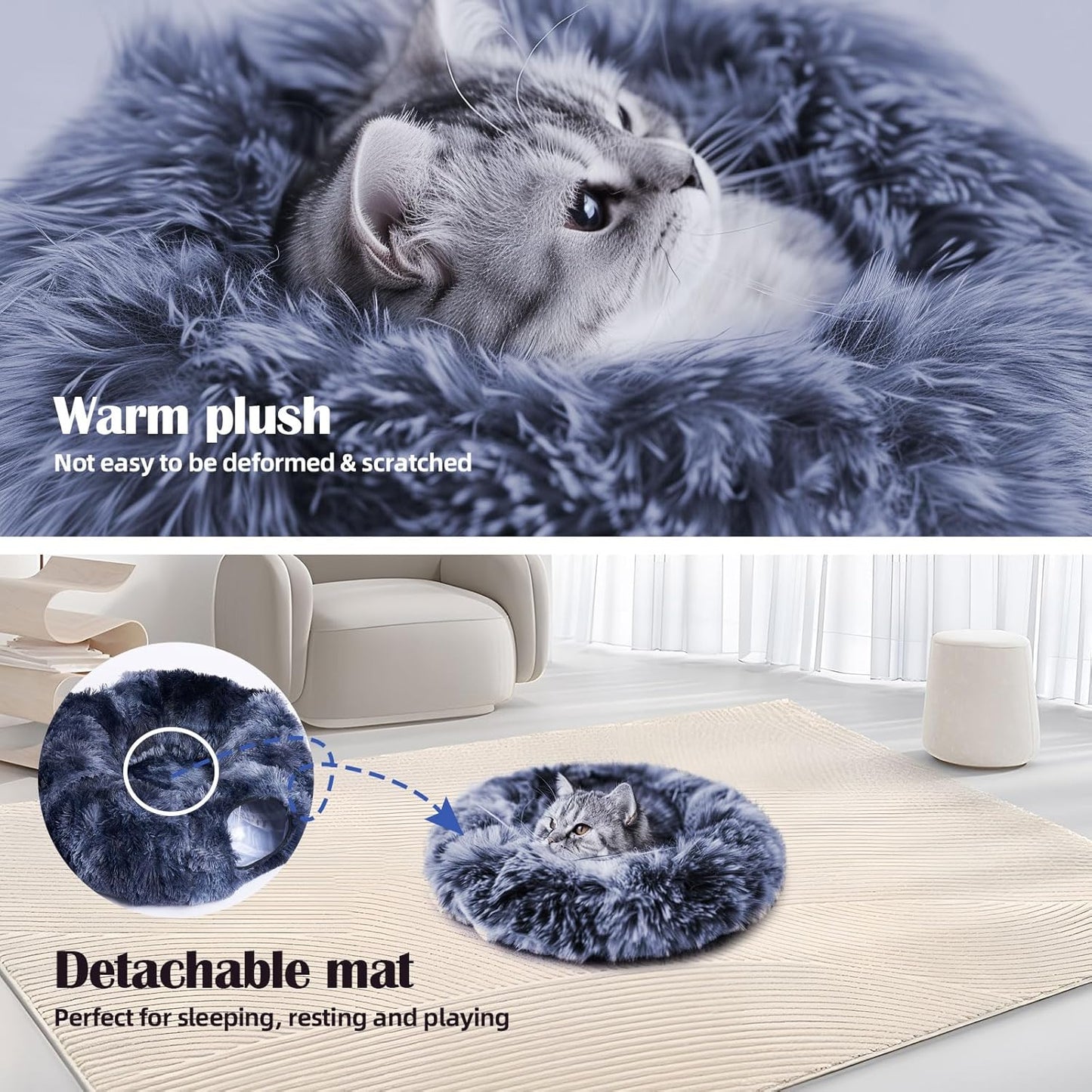 Odoland Cat Tunnels for Indoor Cats with Fluffy Plush Central Cat Couch and 20 Cat Toys, Tunnel Bed for Cats with Hanging Ball, Detachable Soft Mat and Variety Kitty Toy Set, Deep Blue - Pet Explorer