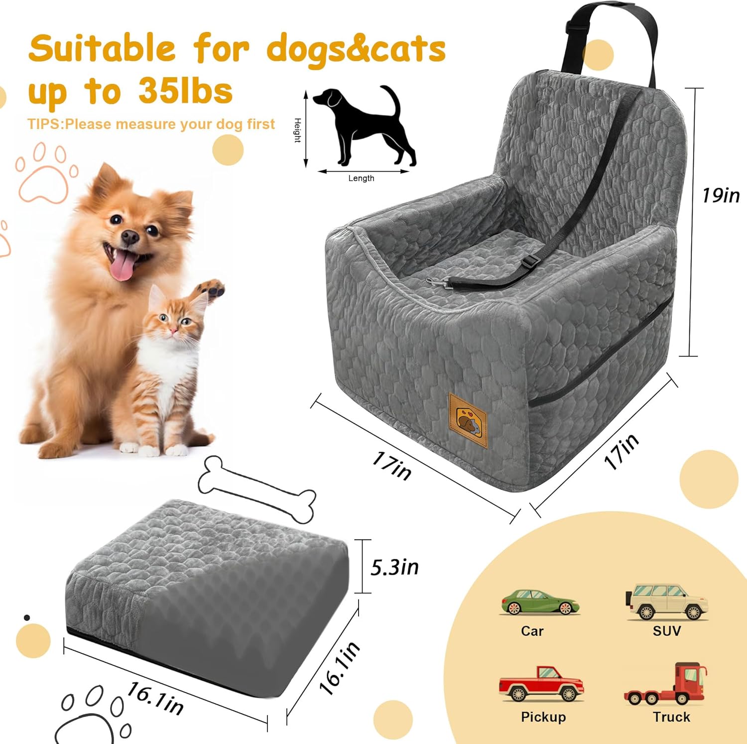 Dog Car Seat for Small/Medium Dogs, Memory Foam Dog Booster Seat, Travel Safety Per Car Seat with Washable Removable Cover, Storage Pockets for Dogs up to 35 lbs(Gray) - Pet Explorer