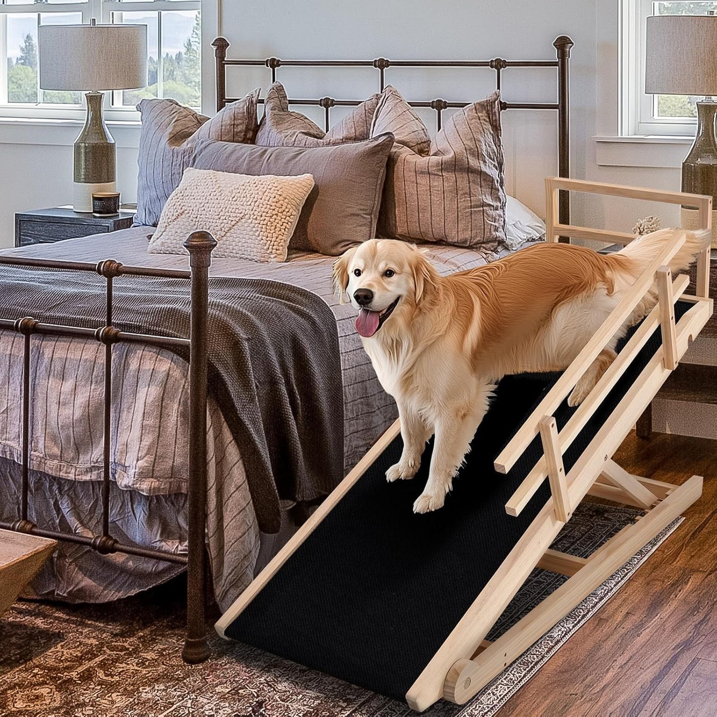 Dog Ramp, 5 Level Adjustable Height Folding Pet Ramp for High Bed, Portable Paw Ramps Large Bed Ramp for Medium & Large Old Dogs & Cats - Natural Wood Furniture Quality - Pet Explorer