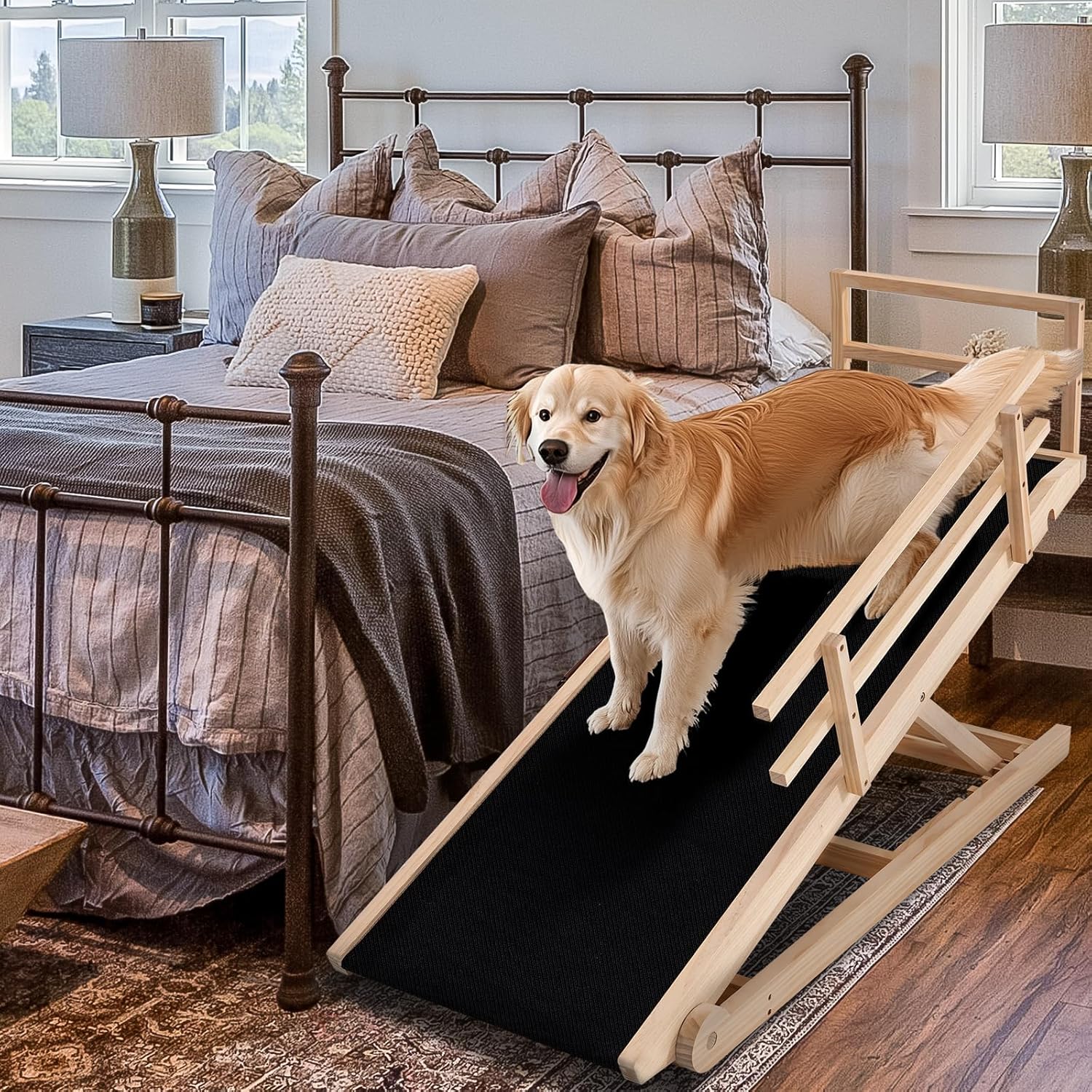 Dog Ramp, 5 Level Adjustable Height Folding Pet Ramp for High Bed, Portable Paw Ramps Large Bed Ramp for Medium & Large Old Dogs & Cats - Natural Wood Furniture Quality - Pet Explorer