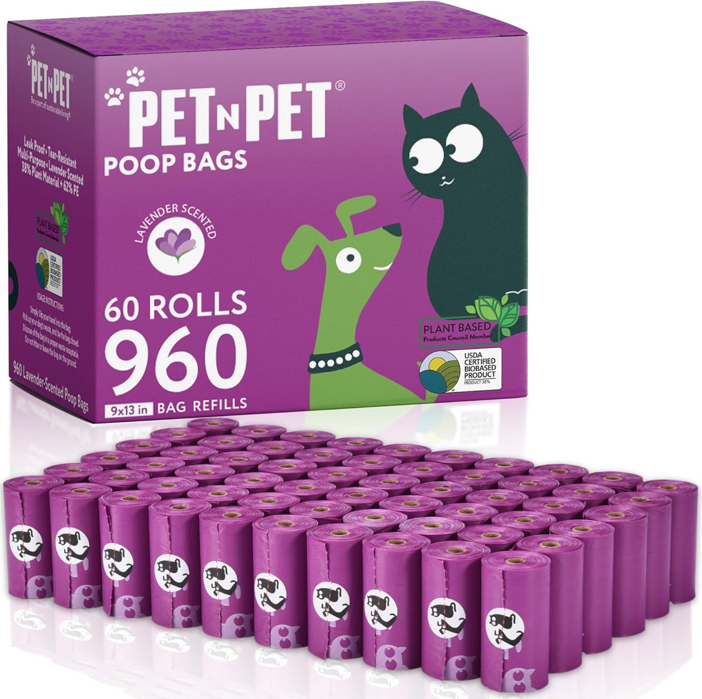 Pet N Pet Poop Bags for Dogs, 960 Counts Lavender Scented Dog Poop Bags Rolls, USDA Certified 38% Plant Based & 62% PE Dogs Waste Bag, Doggie Poo Bag - Pet Explorer