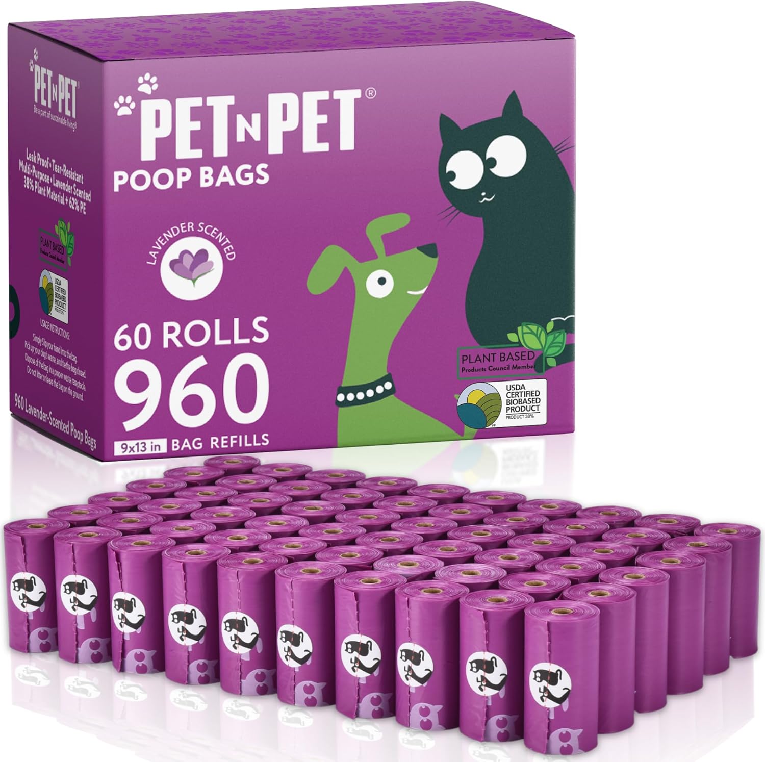 Pet N Pet Poop Bags for Dogs, 960 Counts Lavender Scented Dog Poop Bags Rolls, USDA Certified 38% Plant Based & 62% PE Dogs Waste Bag, Doggie Poo Bag - Pet Explorer