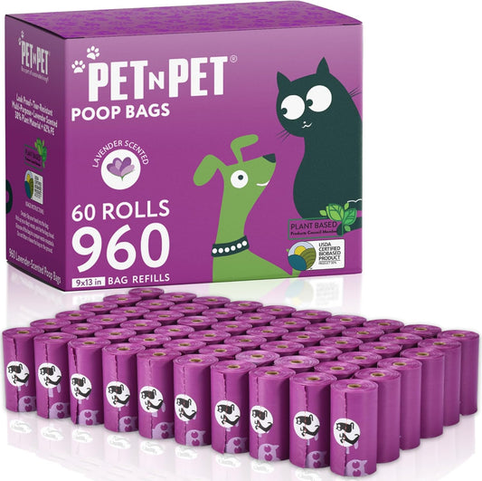 Pet N Pet Poop Bags for Dogs, 960 Counts Lavender Scented Dog Poop Bags Rolls, USDA Certified 38% Plant Based & 62% PE Dogs Waste Bag, Doggie Poo Bag - Pet Explorer