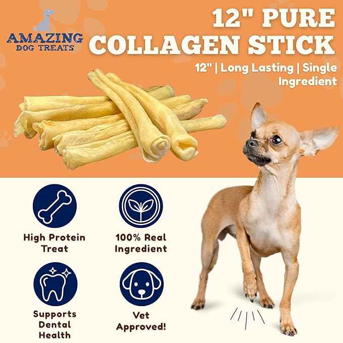 Amazing Dog Treats - Large Collagen Stick - (12 Inch - 4 Count) - Beef Cheek Rolls for Dogs - 100% Pure Collagen Sticks - No Hide Bones