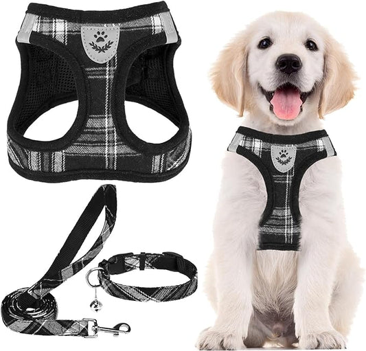 PUPTECK Adjustable Dog Harness Collar and Leash Set Step in No Pull Pet Harness for Small Medium Dogs Puppy and Cats Outdoor Walking Running, Soft Mesh Padded Reflective Vest Harnesses, Black M