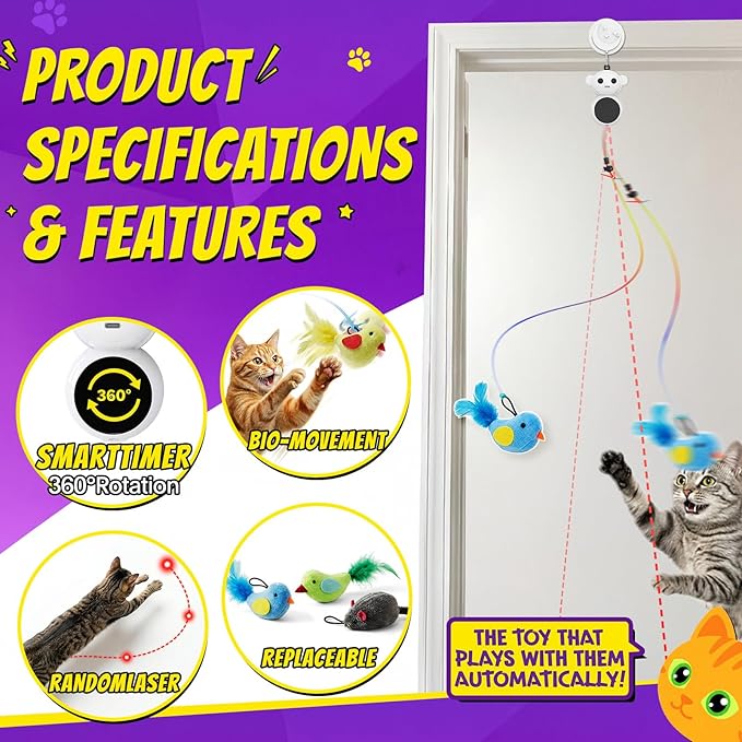Interactive Cat Toys for Indoor Cats: 2 in 1 Laser Pointer Cat Toy with Automatic Flying Bird & Mouse Wand, Smart Motion Mode Adjustable Speed, USB Rechargeable Safe for Bored Kittens and Adult Cats