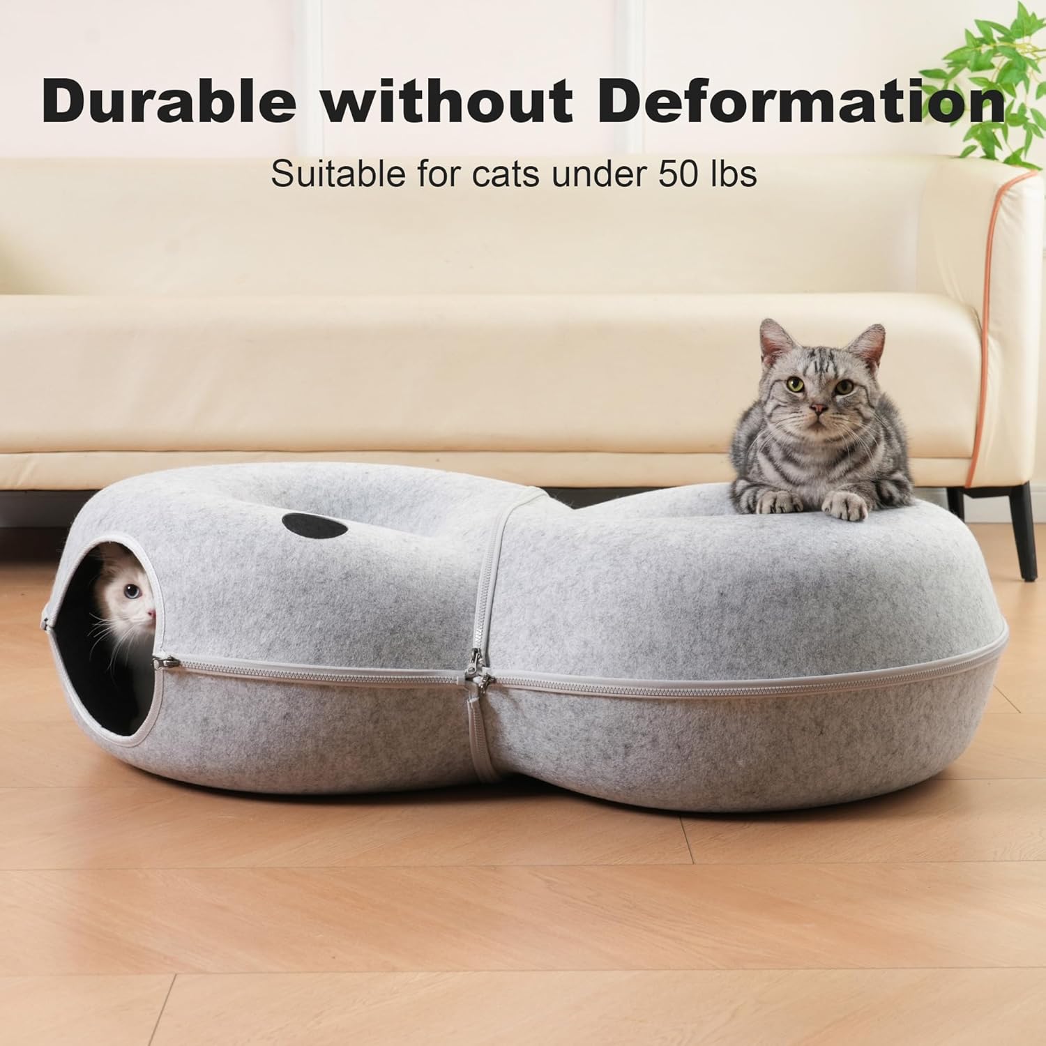 8-Shaped Large Cat Tunnel Bed for Indoor Cats, Infinite Circulation Peekaboo Cat Cave with 12 Toy Balls, Cat Donut Tunnel for Cats up to 30 Pounds (Light Grey, L 38x24x11in) - Pet Explorer