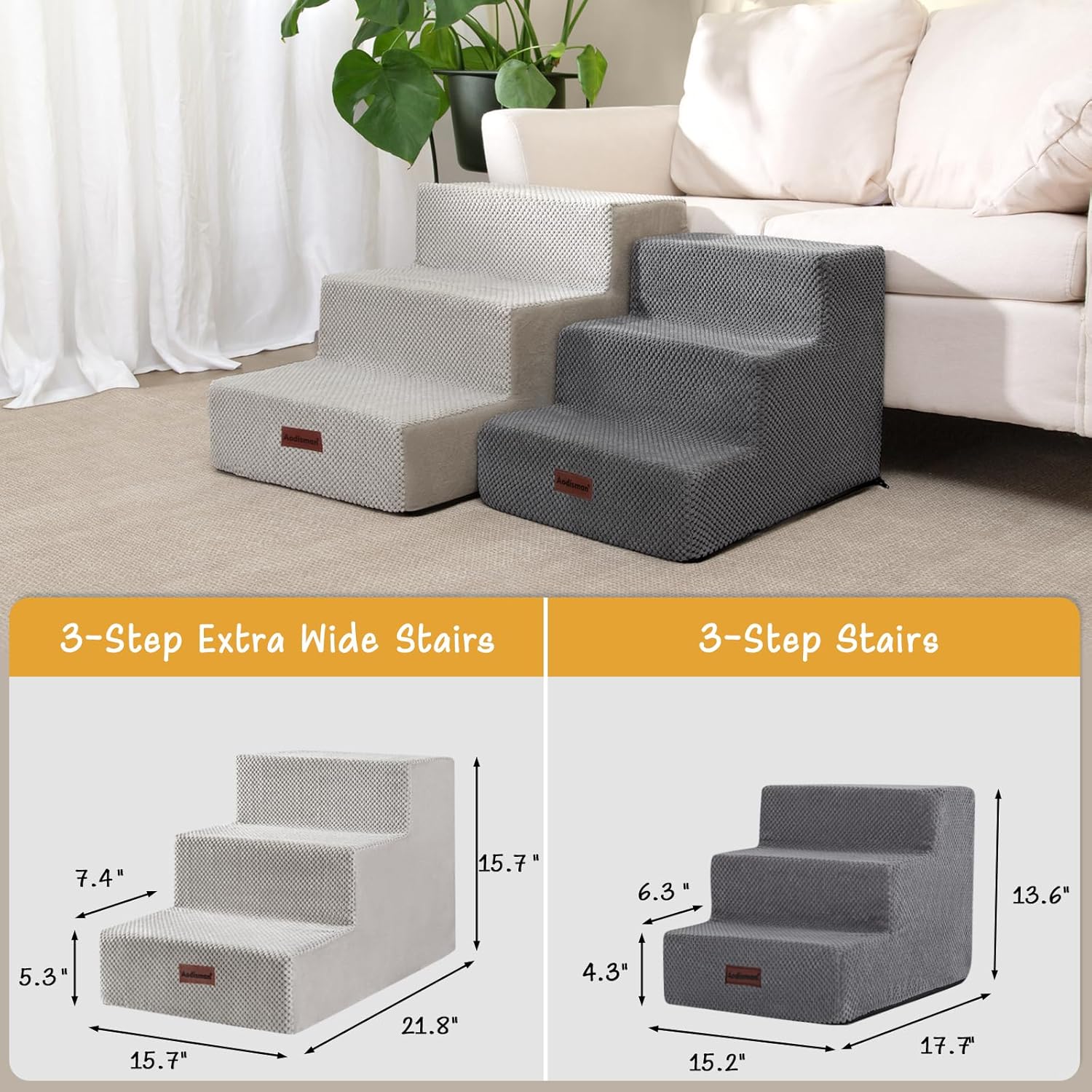 Dog Stairs for Small Dogs & Cats, 3-Step Extra Wide Non-Slip Pet Steps for Couch Sofa and Chair, Light Grey, 15.7" H - Pet Explorer