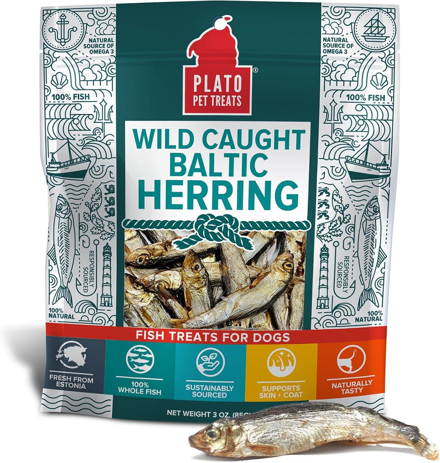 PLATO Pet Treats Fish Dog Treats - Air-Dried, Single Ingredient Dog Treat - with Omega 3 & 6 Fatty Acids to Support Skin and Coat - 100% Whole Fish - Wild Caught Baltic Herring Dog Treats - 3oz