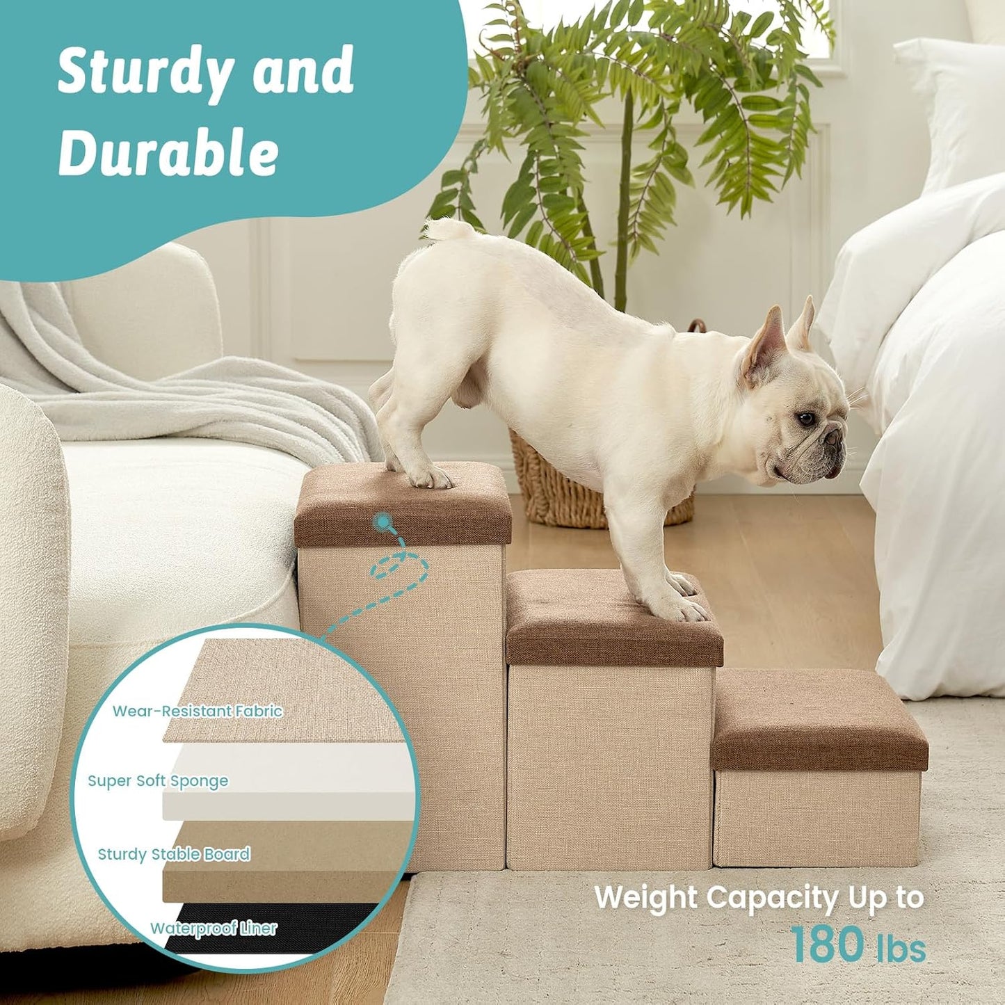 Dog Stairs with Storage, 4-Step Wider Sturdy Dog Steps for Small/Medium/Large Dogs and Older Cats, Folding Doggie Ramp for Bed/Couch/Car Hold Up to 180 lbs (22" H, Brown) - Pet Explorer