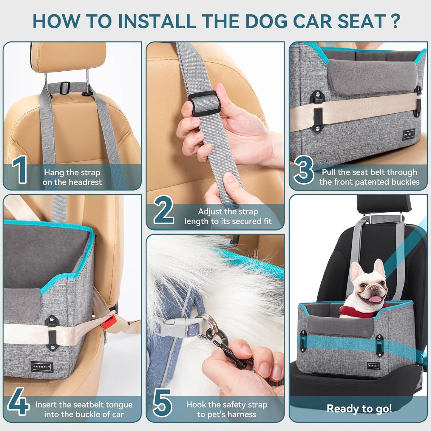 PETSFIT Dog Car Seats for Small Dogs, Patent Safety Buckles Dog Booster Car Seat, Dog Carseat with Safety Belt, Suitable for Small Pets Up to 25lbs (Grey) - Pet Explorer
