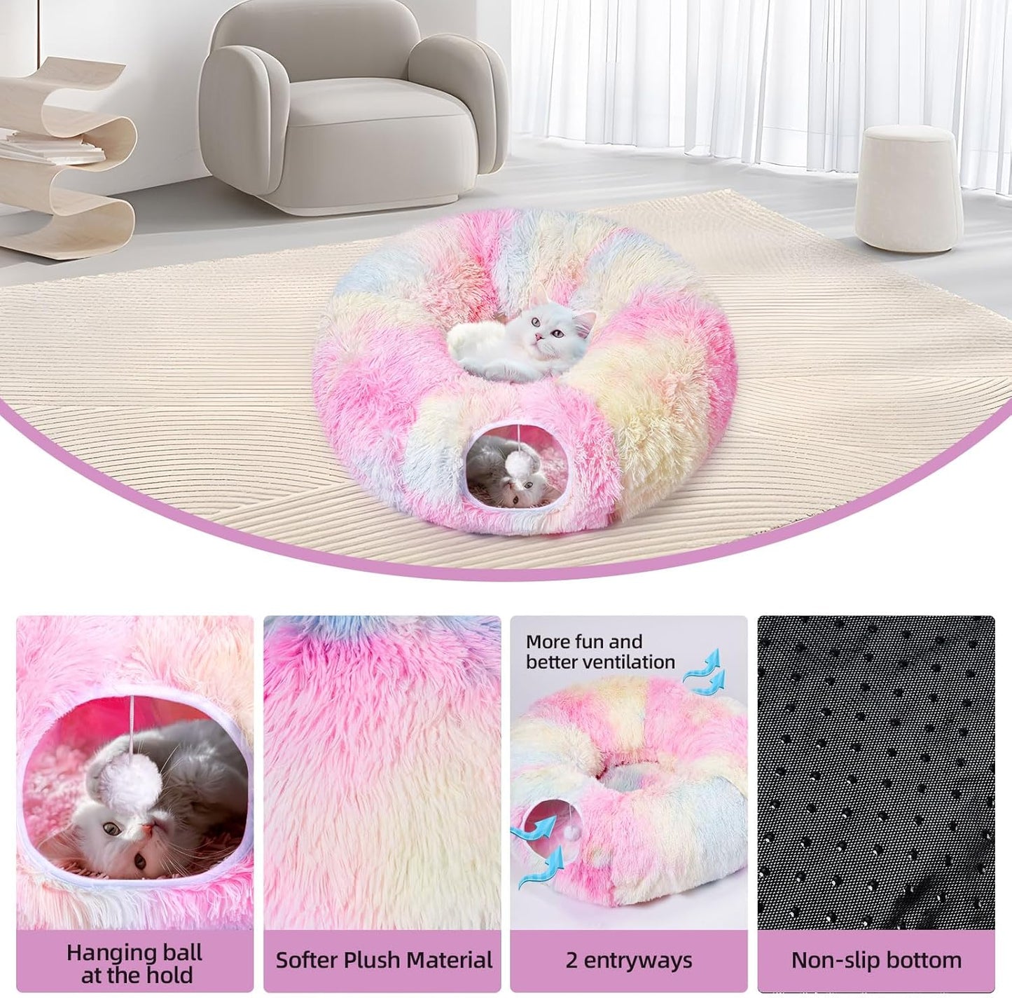 Odoland Cat Tunnels Bed with 20 Cat Toys for Indoor Cats, Plush Cat Couch Tunnel Bed for Kitten, Cat Cave Donut Tunnel - Detachable Soft Cat Bed and Variety Kitty Toy Set, Pink - Pet Explorer