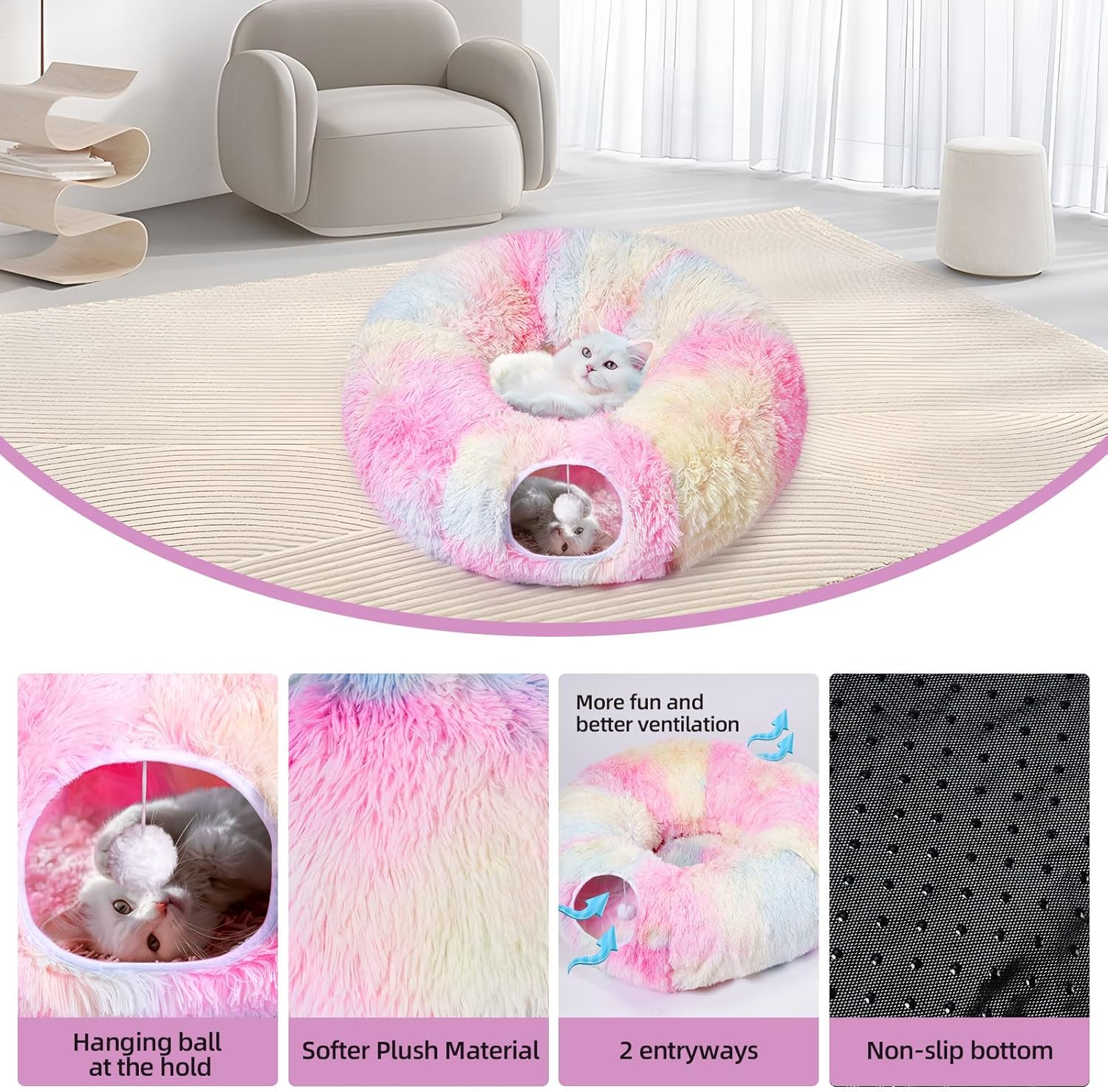Odoland Cat Tunnels Bed with 20 Cat Toys for Indoor Cats, Plush Cat Couch Tunnel Bed for Kitten, Cat Cave Donut Tunnel - Detachable Soft Cat Bed and Variety Kitty Toy Set, Pink - Pet Explorer