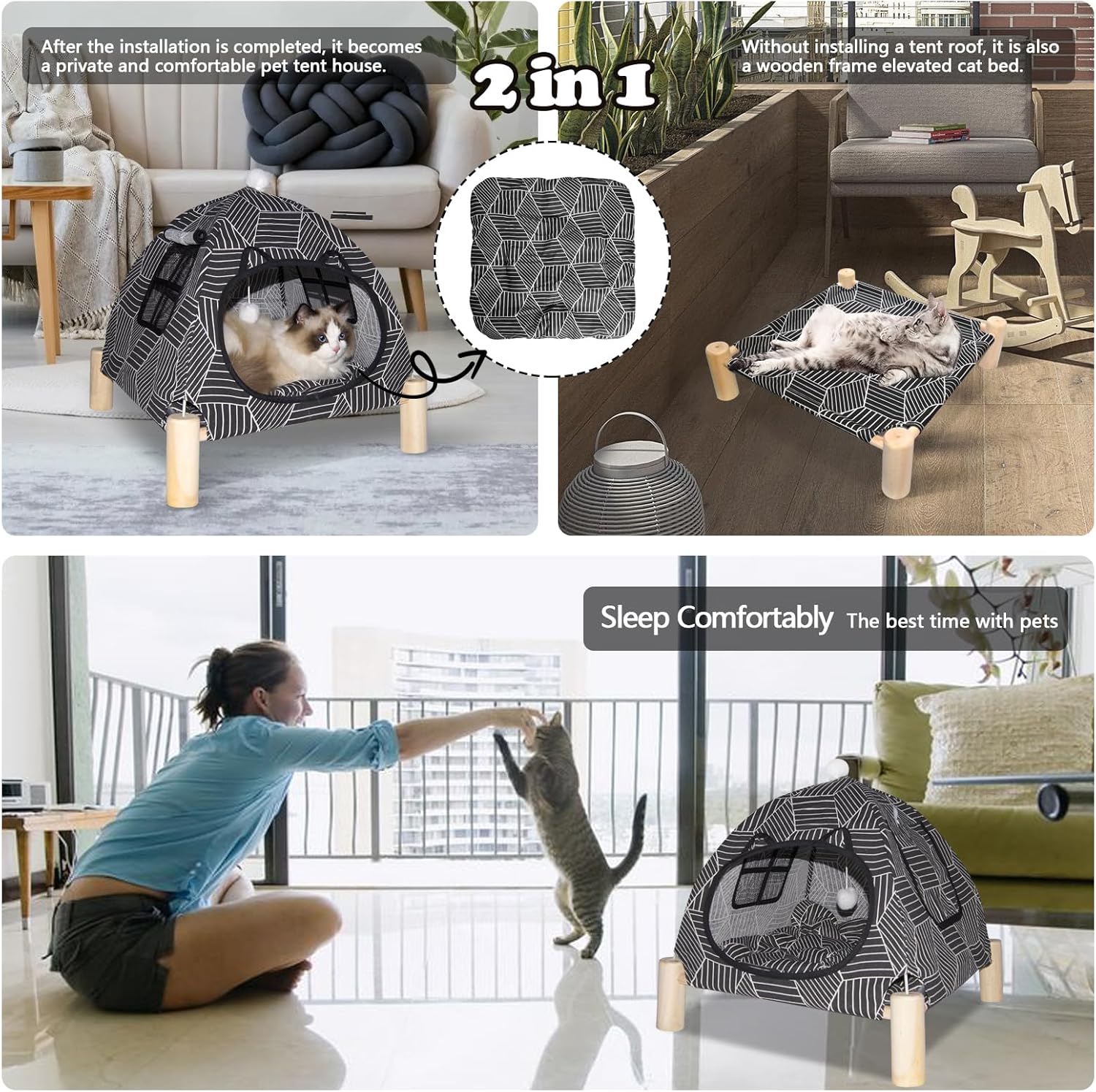 2-in-1 Elevated Cat Tent Cat House, Quick Assembly and Disassembly, Portable Indoor/Outdoor Cute Cat Bed Cave-Black Diamond Pattern - Pet Explorer