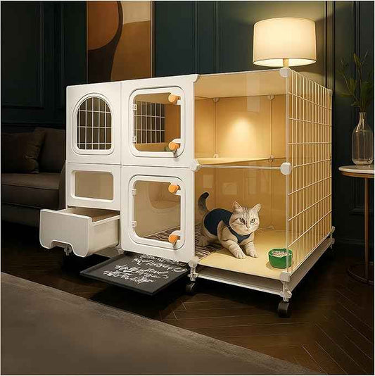 cat cage Indoor with Litter Box, Complimentary Bed, Bowl,Cleaning Three Piece Set,Large cat Enclosure, Cat House with Wheels Outdoor,Small Animal Cage cat Kennel (White, 41.8″(L) x18.1″(W) x32.3″(H))